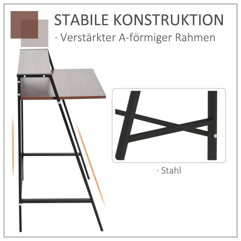 HOMCOM Schreibtisch, Computertisch mit Ablage und Kabel Management, moderner Schreibtisch mit Metallgestell für Arbeitszimmer, Schlafzimmer, Home Office, 84 x 45 x 85 cm, Walnuss+Schwarz