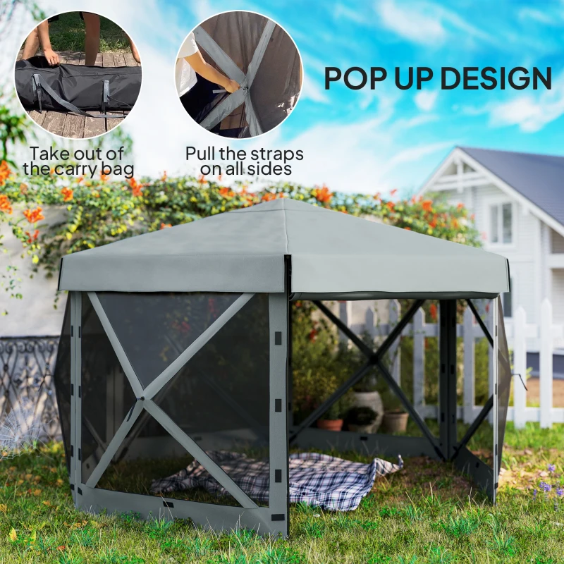 Outsunny 3 x 3(m) Hexagon Pop Up Gazebo with 5 Sides and Carry Bag, Waterproof, UV Resistant Party Tent Instant Event Shelter with Netting for Garden, Patio, Light Grey
