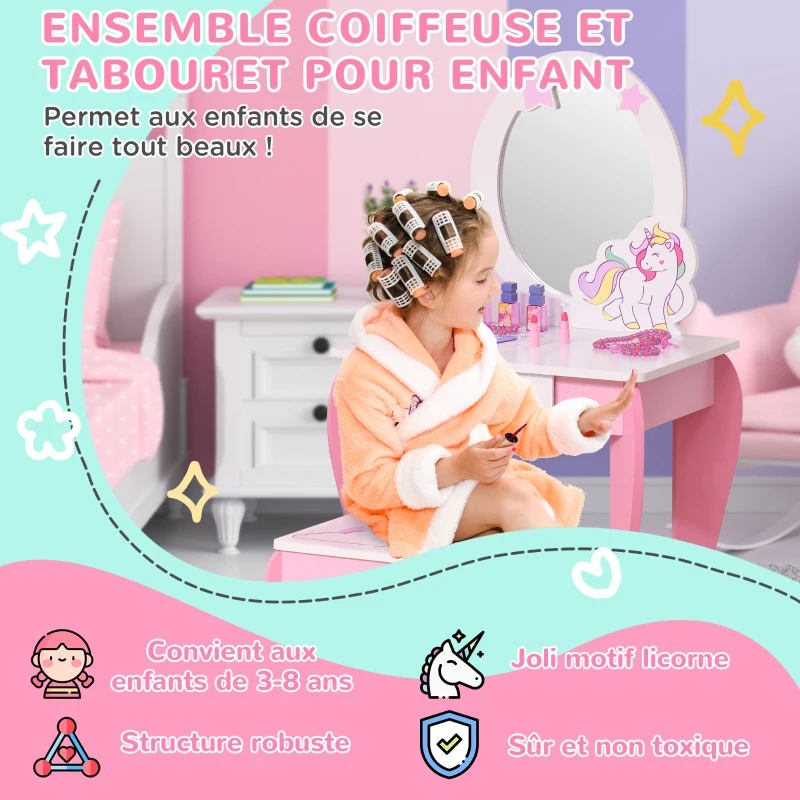 HOMCOM Coiffeuse Enfant Design Licorne - Tabouret Inclus - dim. 49L x 34l x 90H cm - tiroir, Miroir - MDF - Rose Blanc