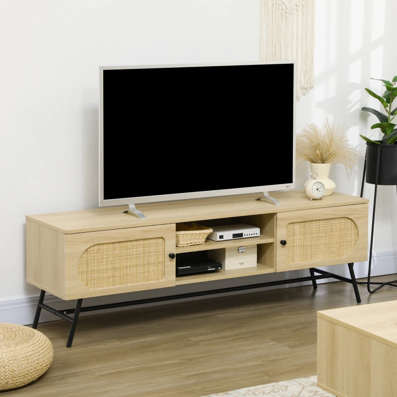 HOMCOM TV-Bank, für TVs bis 60'', zwei Schrankfächer, zwei Regalfächer, Rattan-Dekor, 150 x 39 x 48,3 cm