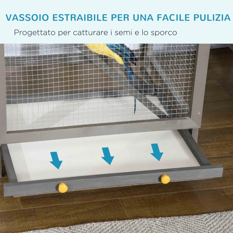 PawHut Gabbia per Uccelli Alta 165cm in Legno da Esterno con 2 Porte e Vassoio Estraibile, Grigio Chiaro