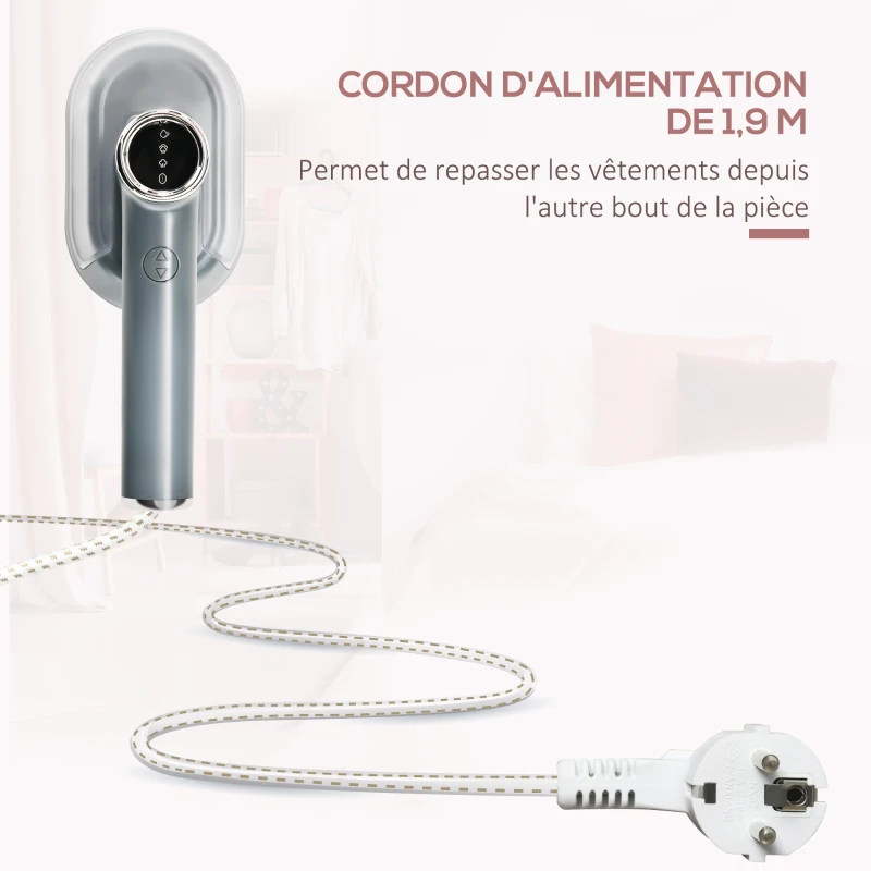 HOMCOM Défroisseur à Main Défroisseur Vapeur Vertical 1200W Prêt en 35s 100 ml Réservoir d'eau Défroisseur Portatif pour voyage 2 niveaux de vapeur - gris