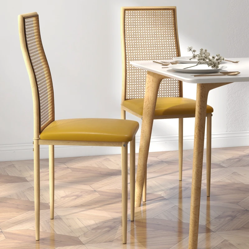 HOMCOM Juego de 2 Sillas de Comedor con Respaldo de Ratán PE Asiento Tapizado de Cuero PU y Patas de Acero 40x50x97 cm Ocre
