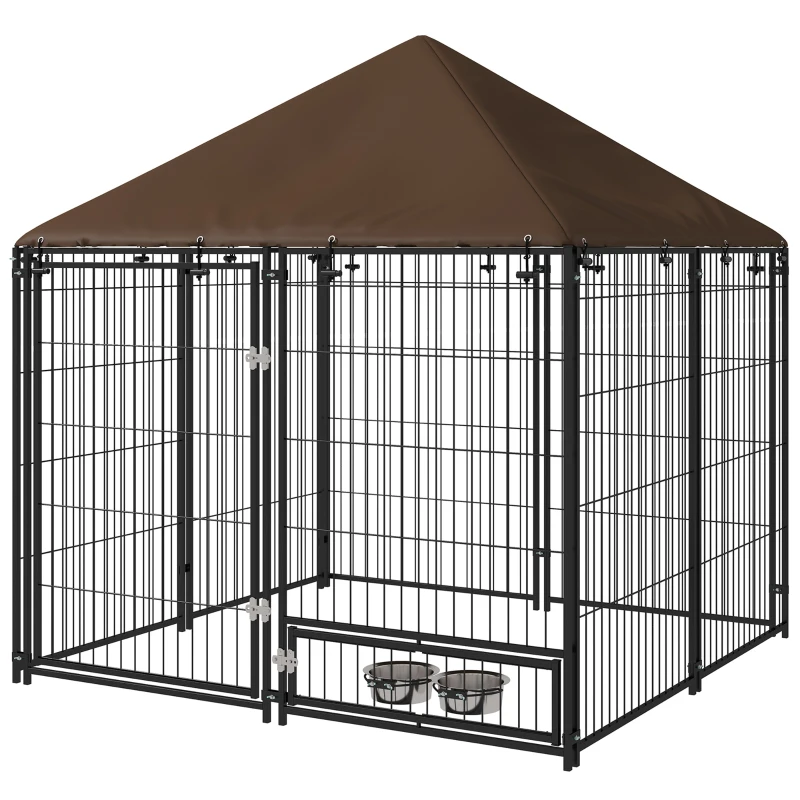 PawHut Perrera con Toldo y Soporte Giratorio para Comida 2 Cuencos Incluidos 141x141x151 cm Negro(m-10)