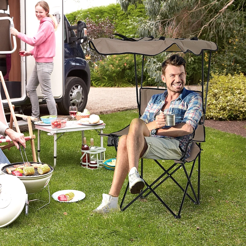 HOMCOM Chaise de Camping Pliable Grand Confort Pare-Soleil + Porte-gobelets intégrés, possibilité d'être portée en Sac à Dos Marron Noir