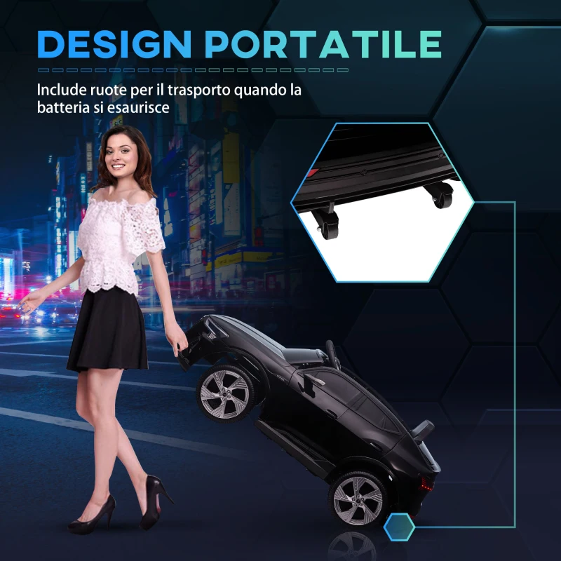 HOMCOM Macchina Elettrica per Bambini 12V con Telecomando, Velocità 3-8km/h, Luci e Musica, Età 3-5 Anni, Nero