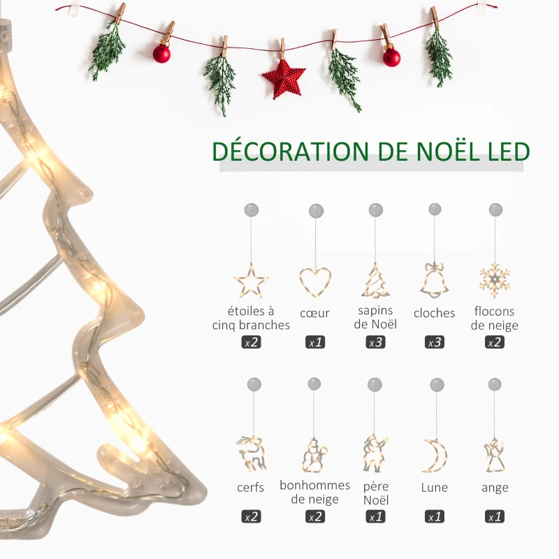 HOMCOM 18 pièces décorations de fenêtre de Noël LED guirlande lumineuse de fenêtre avec ventouses flocons de neige blanc chaud