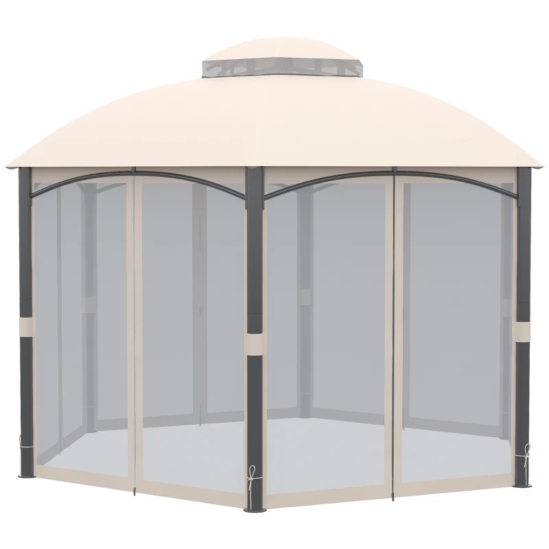 Outsunny Cenador de Jardín Hexagonal Pabellón Exterior con Doble Techo y 6 Mosquiteras con Cremallera Ø4x2,94 m Caqui