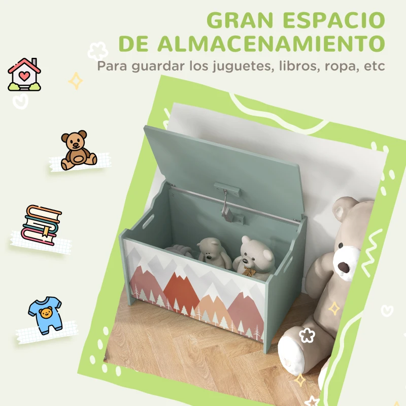 ZONEKIZ Cajas de Juguetes para Niños de 3 a 8 Años Cajas de Almacenamiento con 2 Asas y Estampado de Osos 60x37x39 cm Verde