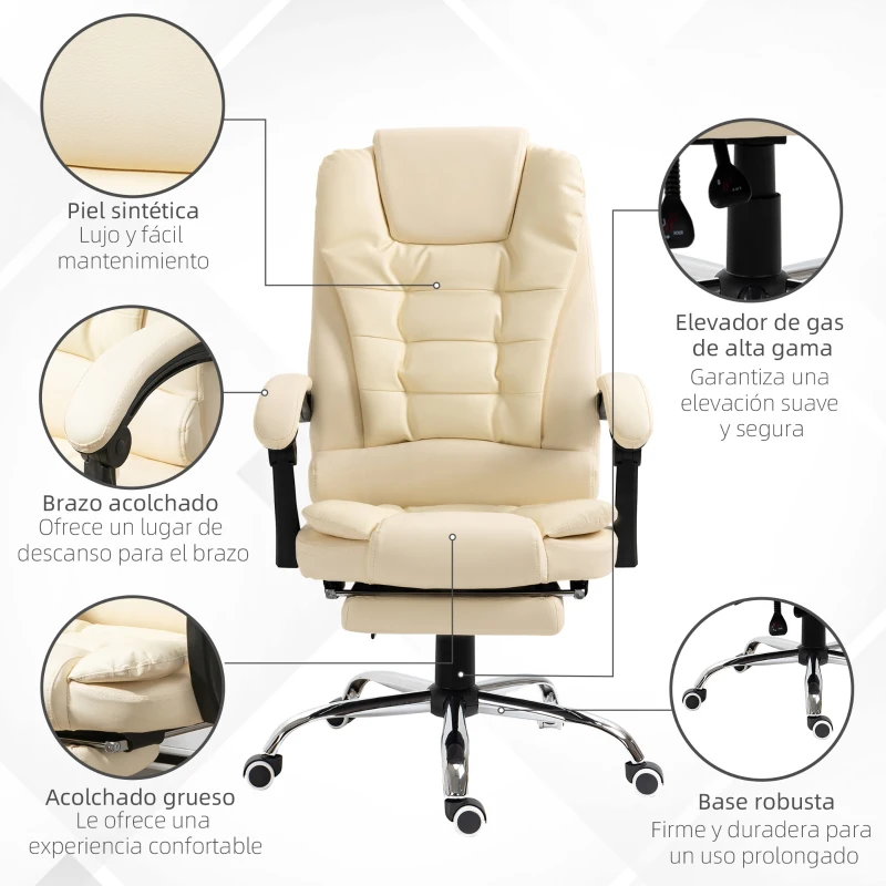 HOMCOM Silla de Escritorio con Reposapiés Silla Ejecutiva Giratoria con Altura Ajustable Tapizada en PU y Reposabrazos Crema