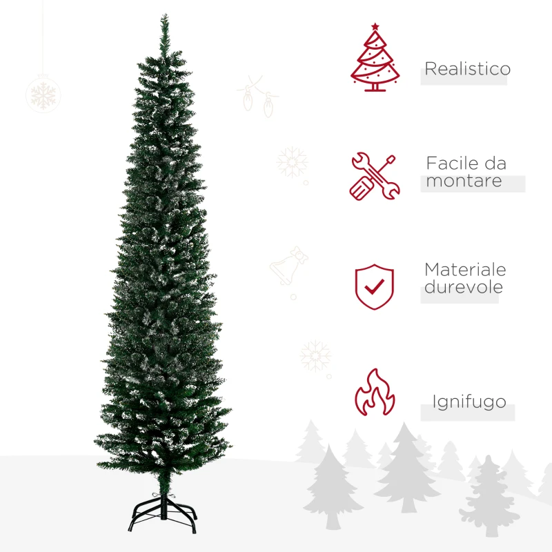 HOMCOM Albero di Natale Slim con 570 Rami, Albero di Natale Innevato Artificiale Alto e Stretto con Base Rimovibile e Pieghevole, Φ53x190cm, Verde