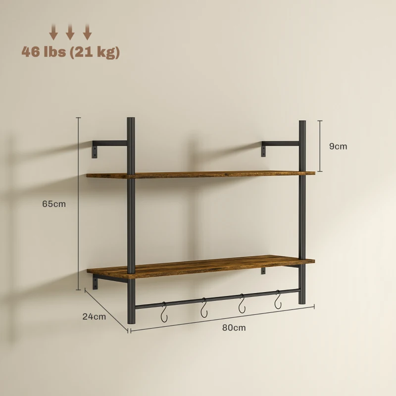 HOMCOM Wall Mounted Floating Shelves with 4 Hooks, Rustic Wall Shelf Unit for Living Room, Entryway, Rustic Brown