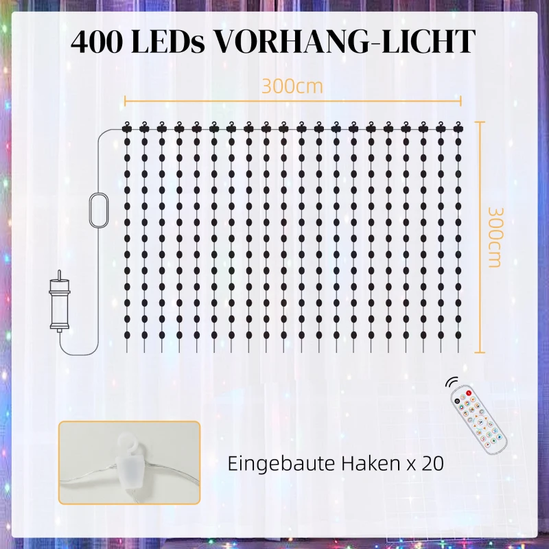 HOMCOM Vorhang mit 400 LED-Lichtern, Dynamische Lichterketten mit Musiksynchronisation für Schlafzimmer, Wohnzimmer, 3 x 3 m(m-3)