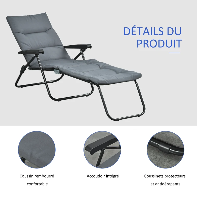 Outsunny Bain de soleil pliable transat inclinable 6 positions grand confort avec matelas + accoudoirs acier polyester gris