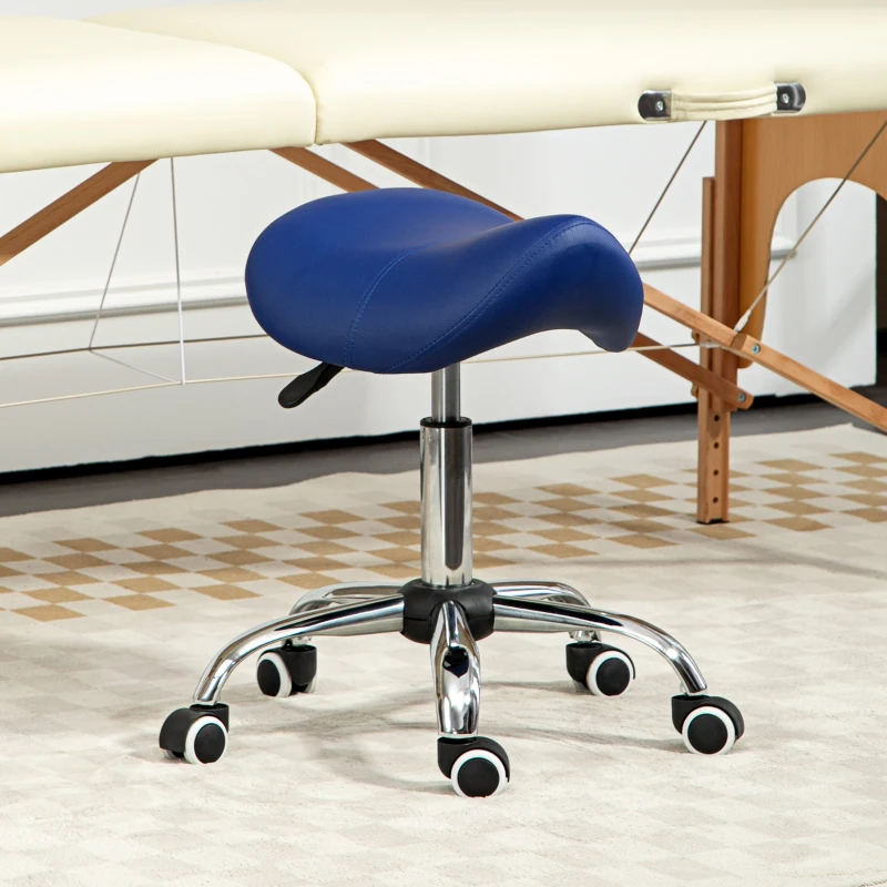 HOMCOM Saddle Stool, Height Adjustable Salon Chair for Massage Spa, Faux Leather, Dark Blue