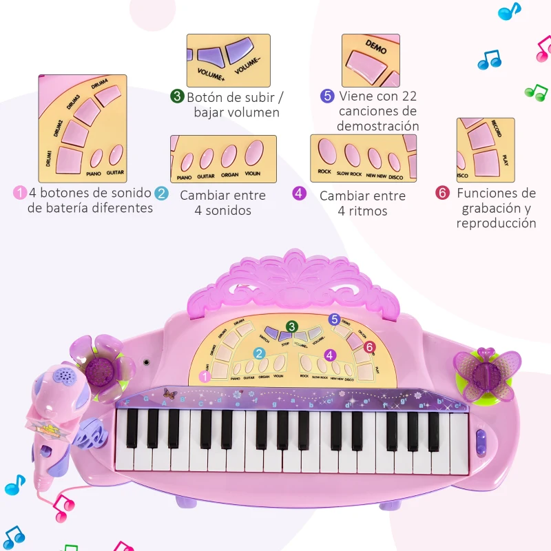 HOMCOM Teclado Electrónico Infantil 32 Teclas Juguete Musical Piano Infantil Piano para Niños con Micrófono Taburete Luces Variedad Sonidos Rítmos Melodias MP3 Karaoke Modo de Enseñanza Rosa