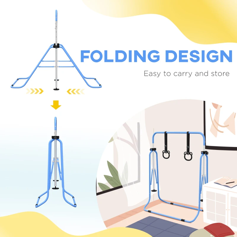 HOMCOM Adjustable Height, Foldable Kids Gymnastics Bar w/ Non-slip Rubber Floor Rings, for 3+ Years, Blue