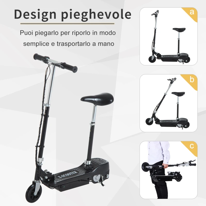HOMCOM Monopattino Elettrico Pieghevole per Bambini con Seggiolino Regolabile, in Metallo e PE Nero, 78x37x99 cm