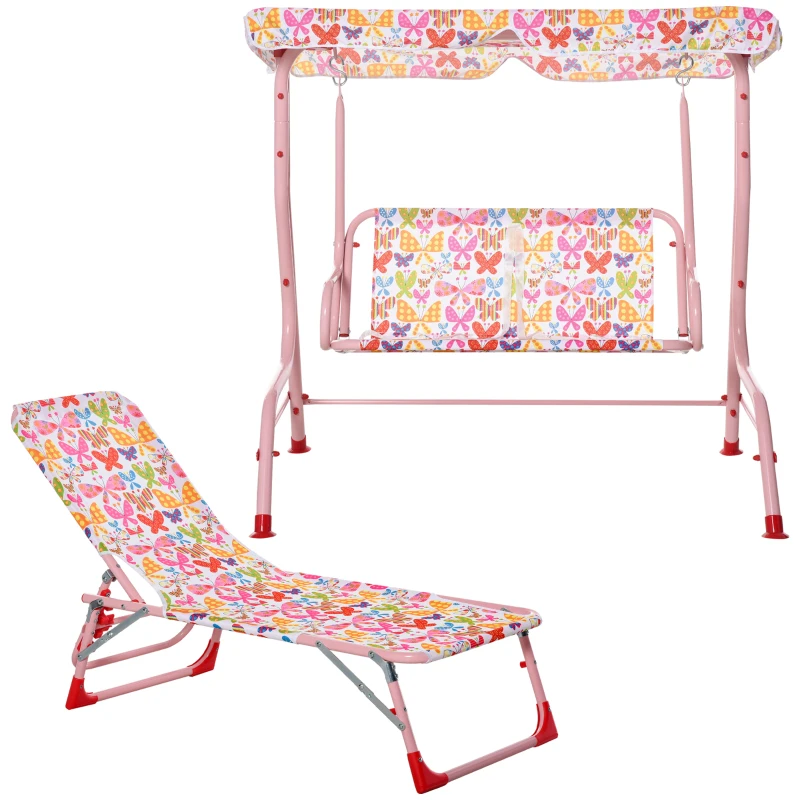 Outsunny Gartenmöbel-Set für Kinder, 1 Hollywoodschaukel, 1 Sonnenliege, für Kinder von 3 -8 Jahren, Rosa
