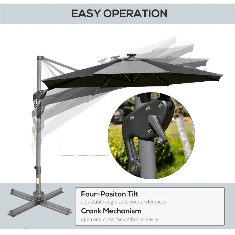 Outsunny 3m Solar LED Cantilever Parasol Adjustable Garden Umbrella w/ Base Dark Grey