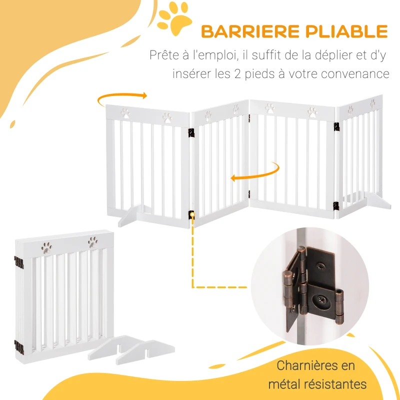 PawHut Barrière de sécurité barrière modulable pliable pour animaux de compagnie 4 panneaux en bois de pin massif 204 x 30 x 61 cm blanc