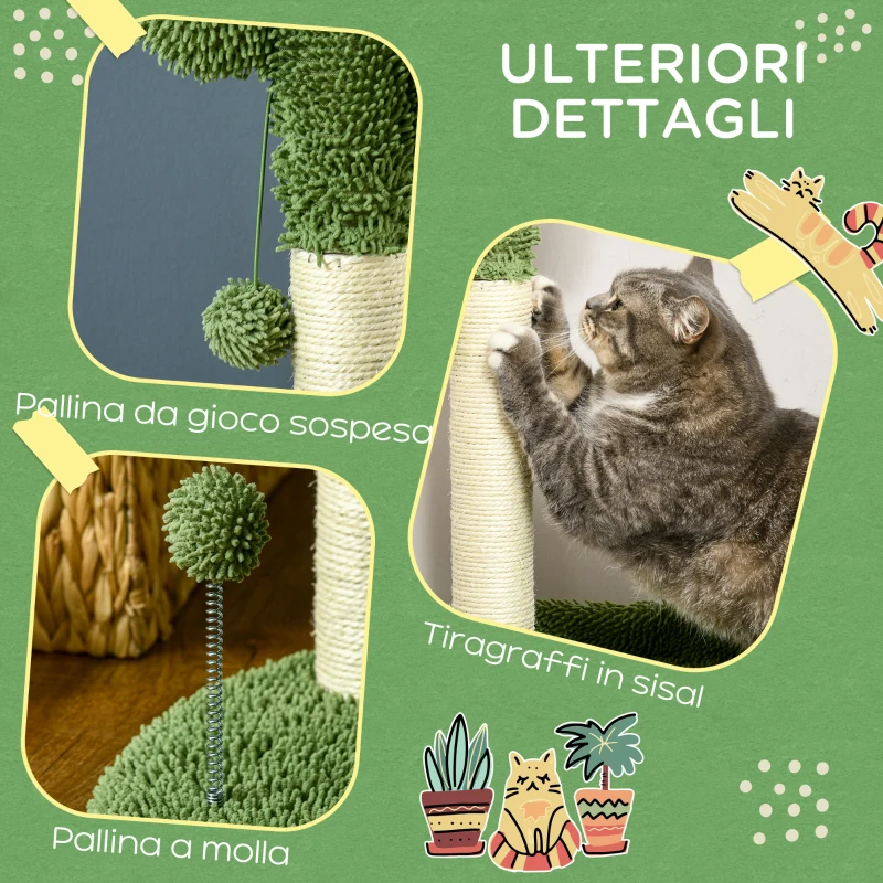 PawHut Albero per Gatti a forma di Cactus con Tiragraffi e 2 Palline da Gioco, 35x31x55.5 cm, Verde e Bianco