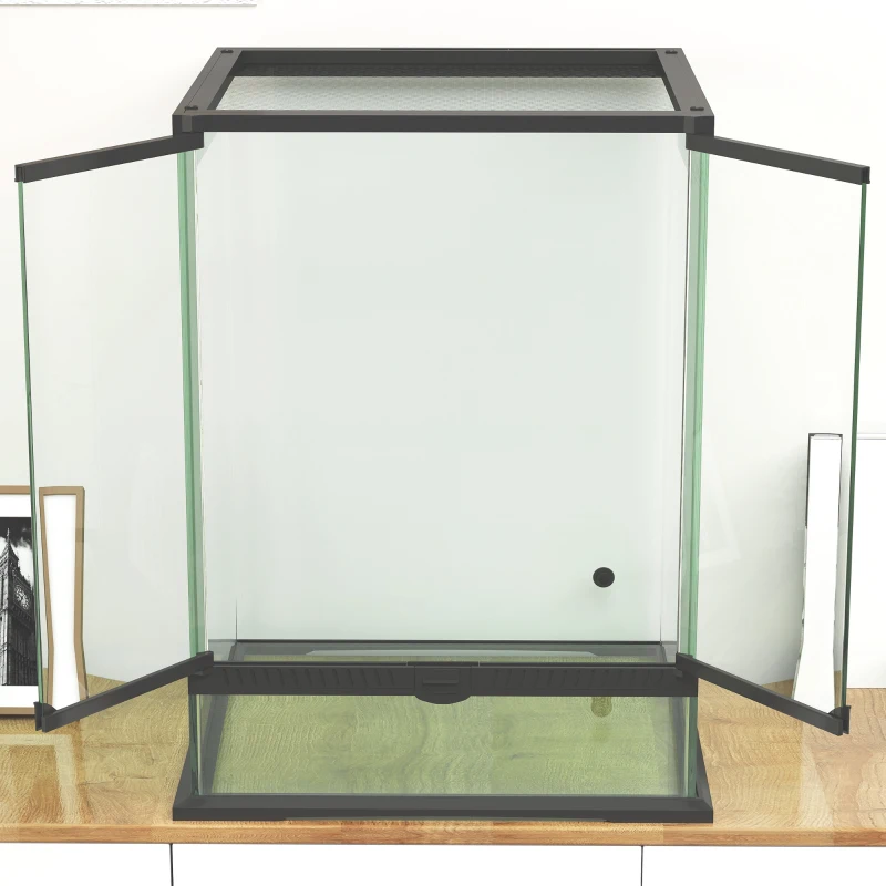 PawHut Terrarium, Glasgehäuse, verriegelbar, Kabelmanagement, 45x45x60cm, Schwarz