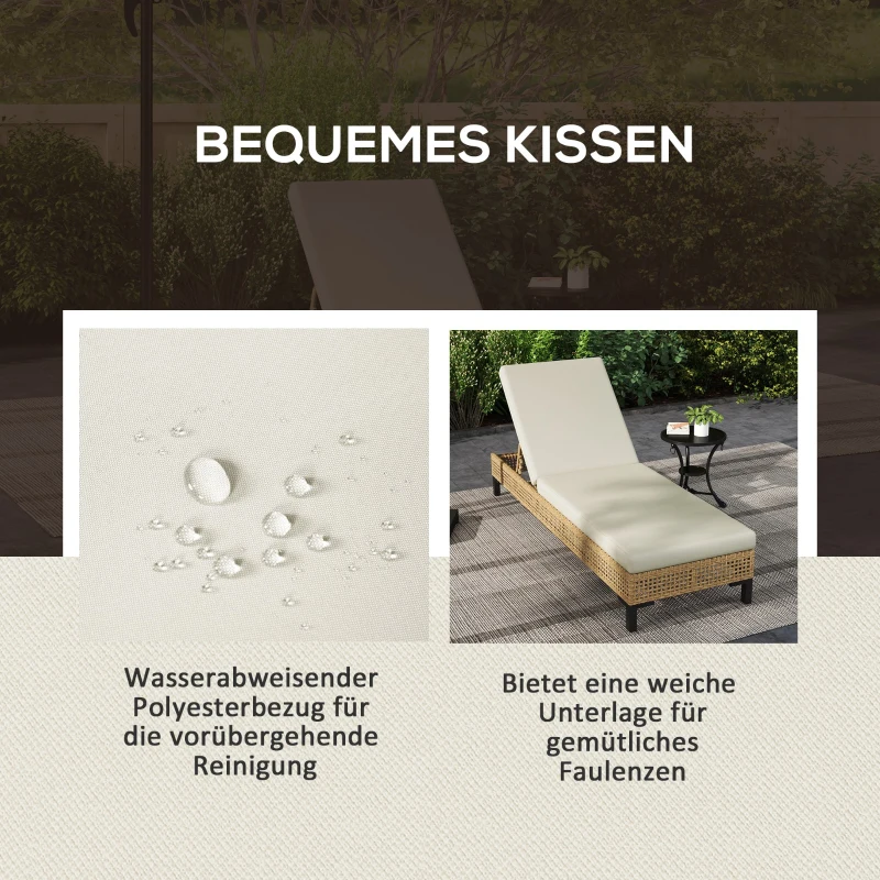 Outsunny Polyrattan Sonnenliege Gartenliege mit Kissen 3-stufig verstellbar Rattanliege Gartenmöbel Liege Stahl Natur 65 x 200 x 31 cm