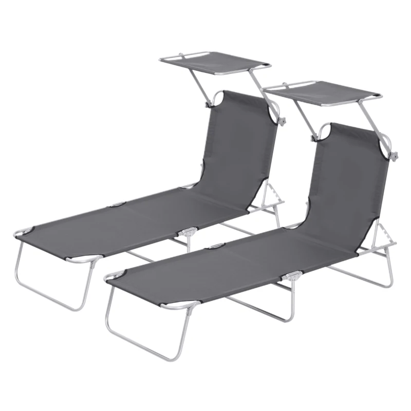 Outsunny 2 Pieces Outdoor Foldable Sun Lounger, 4 Level Adjustable Backrest Reclining Sun Lounger Chair with Angle Adjust Sun Shade Awning for Beach, Garden, Patio, Dark Grey