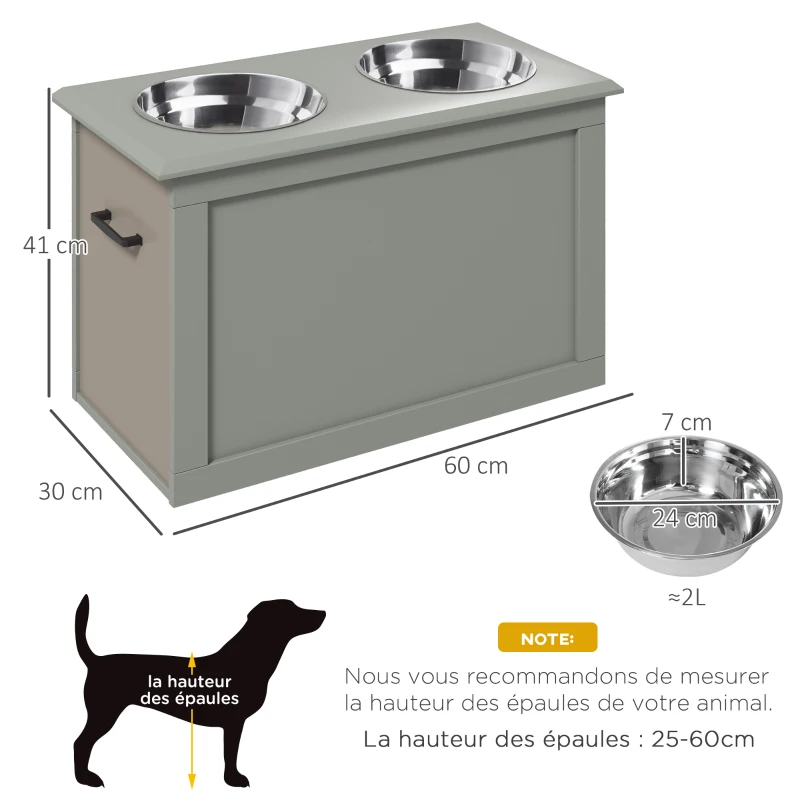 PawHut Gamelles chiens surélevées gamelle double chien chat Porte-gamelles surélevé dim. 60L x 30l x 41H cm 2 gamelles 2L poignées coffre bois gris