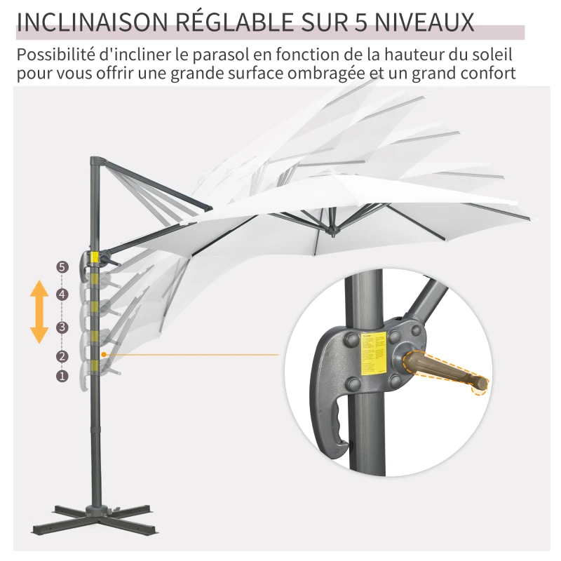 Outsunny Parasol déporté Ø 3 m octogonal inclinable manivelle avec pied en acier blanc