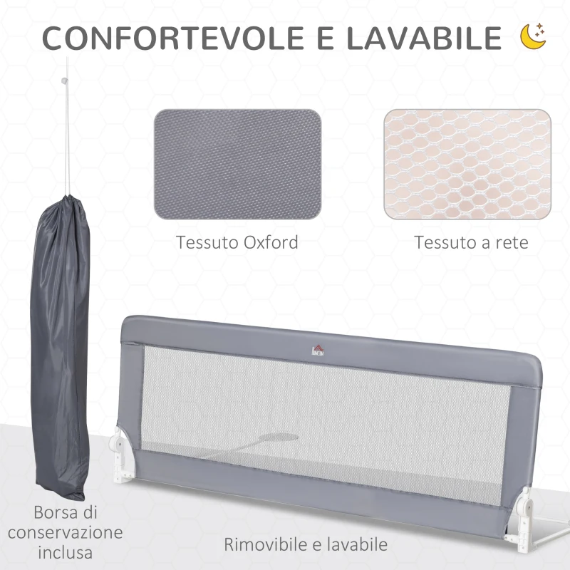 HOMCOM Sponda Letto per Bambini da 18 Mesi, Barriera di Sicurezza Universale Anticaduta con Tessuto a Rete, 150x40x60cm, Grigio