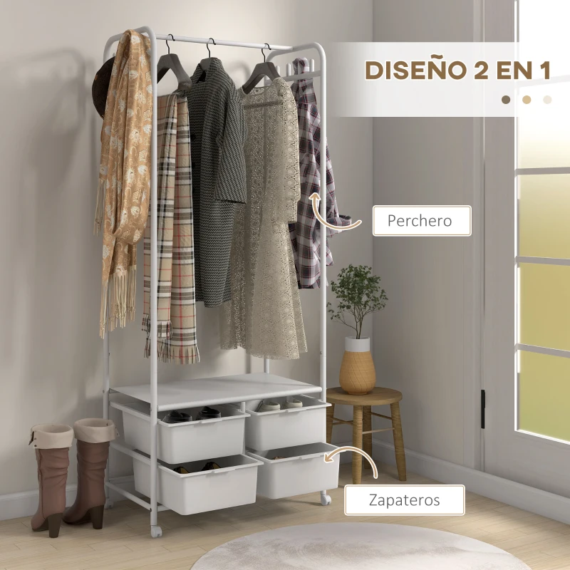HOMCOM Perchero Zapatero con Ruedas para Recibidor con 8 Ganchos 4 Cestas para Zapatos y Marco de Acero 63x37x153 cm Blanco
