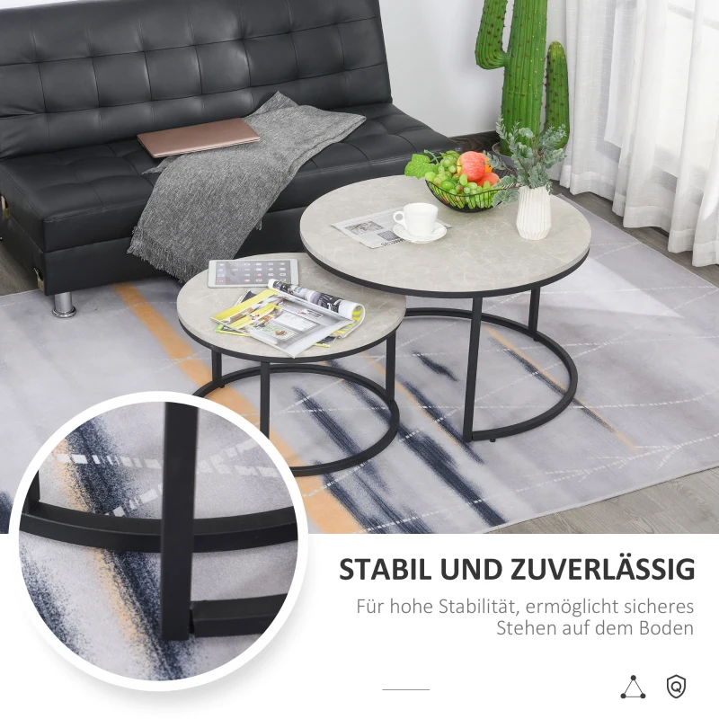 HOMCOM Couchtisch-Set, 2 runde Satztische, Industriedesign, Metallgestell, Betonoptik/Schwarz