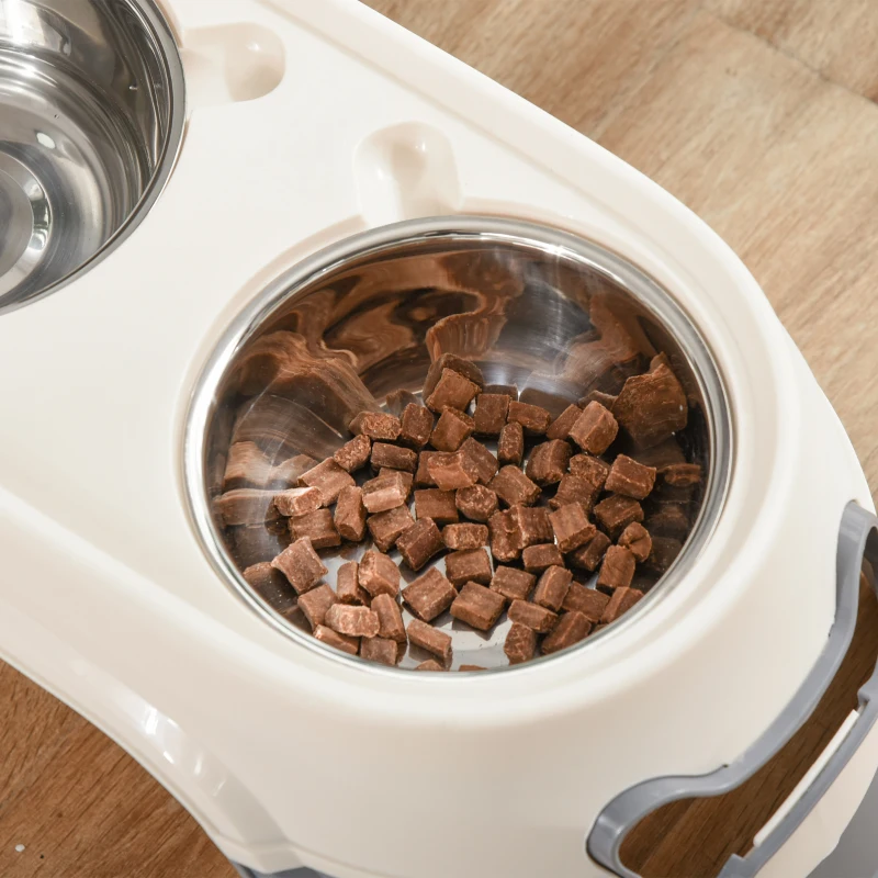 PawHut Doppia Ciotola per Cani Rialzata in Acciaio Inox e Plastica con Piedini Antiscivolo, 47x25x20cm, Bianco e Grigio