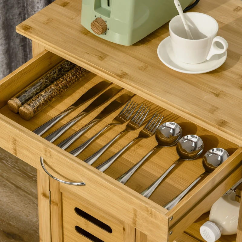 HOMCOM Desserte cuisine sur roulettes chariot de service meuble de rangement avec un tiroir, un panier coulissant, un porte-torchon et armoire en bambou