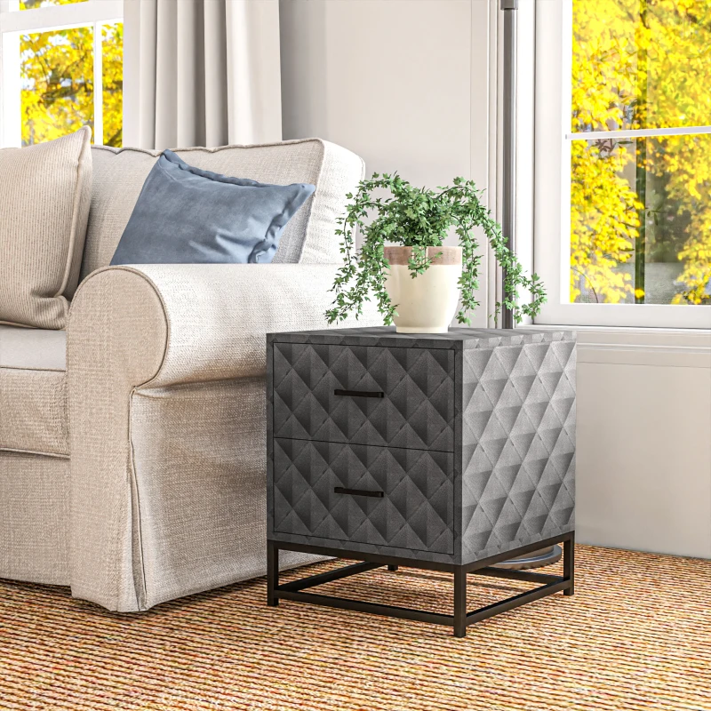 HOMCOM Bedside Tables Set of 2, Modern Bedside Table Nightstand with 2 Drawers, Bedside Cabinet Sofa Side Table with Storage, Steel Legs for Bedroom, Living Room, Grey