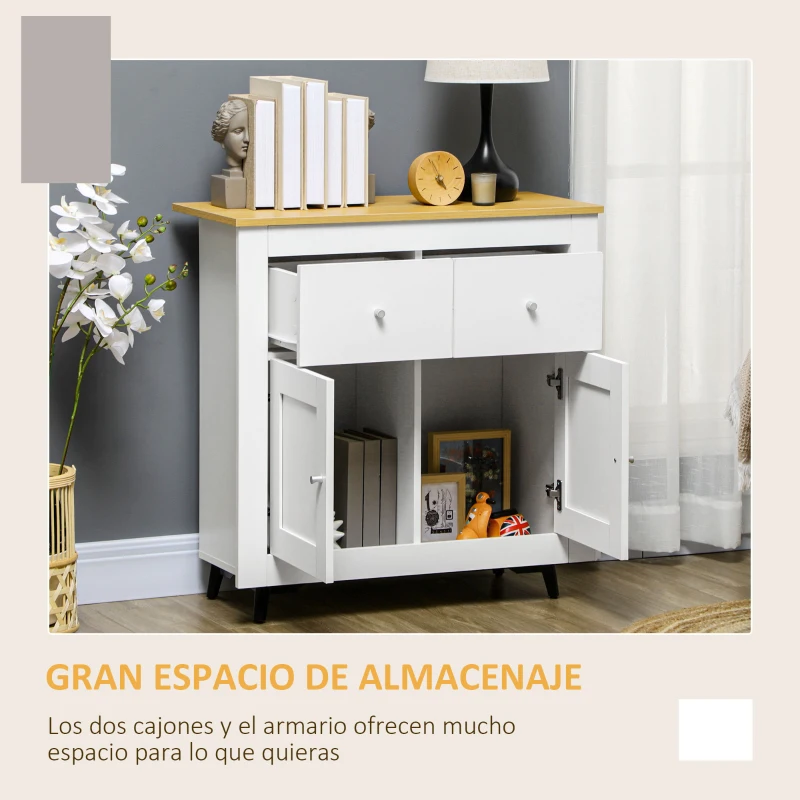 HOMCOM Aparador de Cocina Buffet Auxiliar de Comedor con Puertas Dobles y 2 Cajones para Salón Entrada 78x35x80 cm Blanco