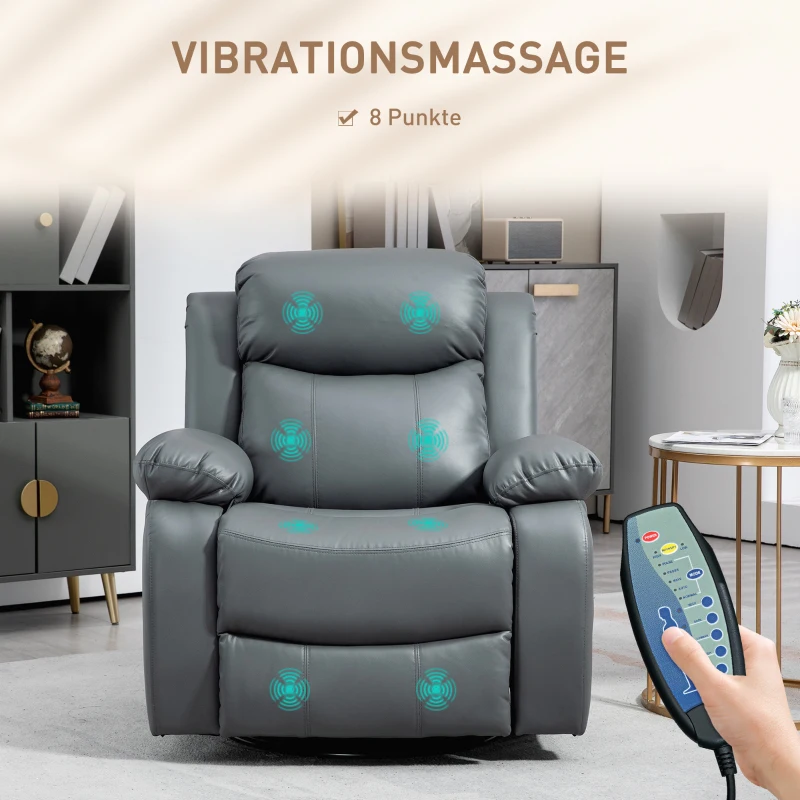 HOMCOM Massagesessel, Wipp- & Liegefunktion, drehbar, bis 150 kg, Kunstleder, Grau(m-4)
