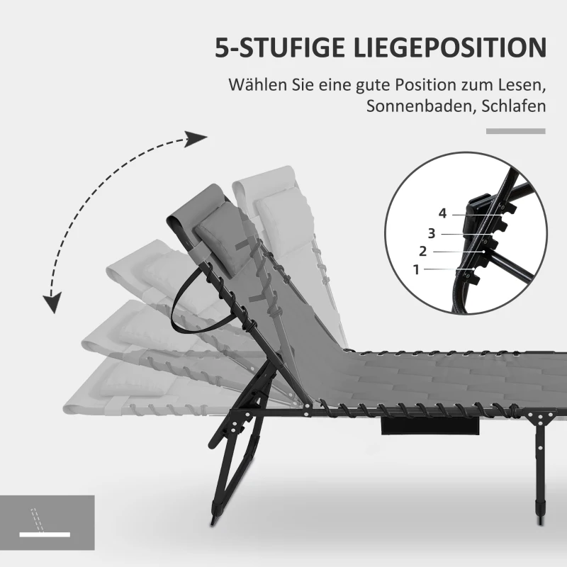 Outsunny Sonnenliege Liegestuhl Gartenliege, klappbar, inkl. Kissen, wetterbeständig; 188 cm x 65 cm x 36 cm, Grau + Schwarz