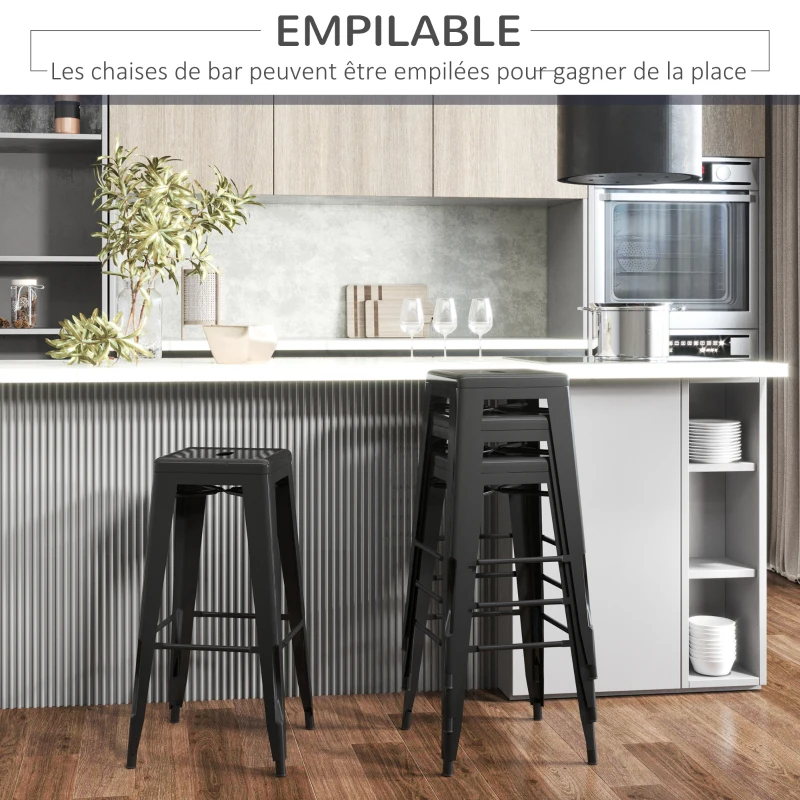 HOMCOM Lot de 4 tabourets de Bar Empilable Chaise de Bar Industriel avec Repose-Pied Hauteur d'Assise 76 cm, cadre en métal, style rétro, pour salle à manger, balcon, bistrot ou bar, Noir