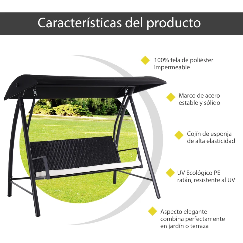 Outsunny Columpio Balancín Jardín de Ratán de 3 Plazas con Techo Ajustable y Cojín Desenfundable con Cremallera para Terraza Balcón Exterior Carga 360 kg 198x124x179 cm Negro