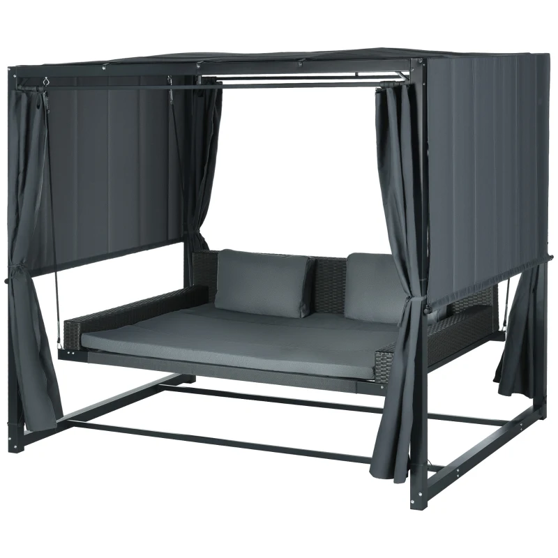 Outsunny Dondolo Letto e Pergola 3 in 1 con Tetto Regolabile e Tende, Acciaio e Rattan PE, 235x150x210cm, Grigio Scuro
