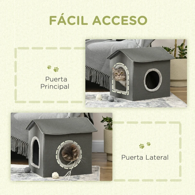 PawHut Casa para Gatos Cueva para Gatos con 2 Puertas y Cojín Lavable 39x43,5x40,5 cm Gris
