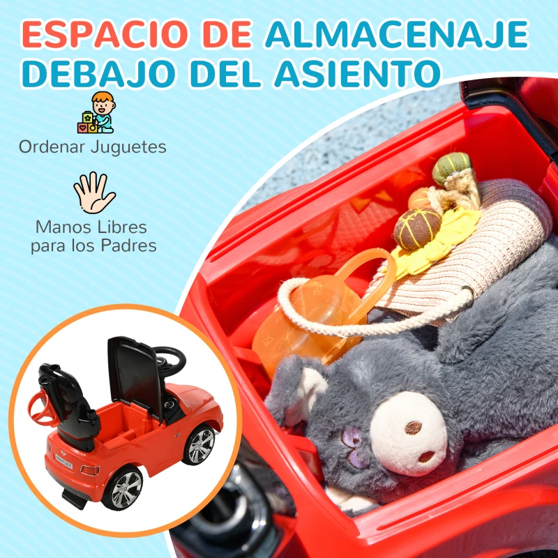 AIYAPLAY Correpasillos con Licencia Bentley Bentayga con Asa de Empuje y Toldo Desmontables Música Bocina Rojo