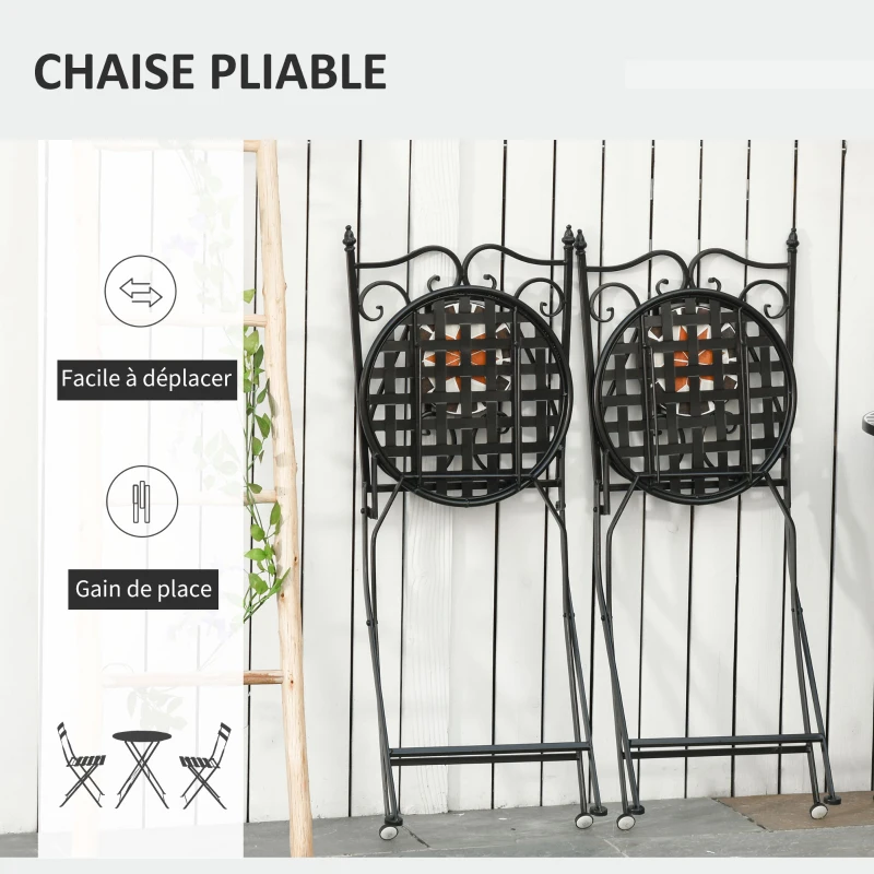 Outsunny Ensemble Bistro 2 Places 3 pièces Style Fer forgé mosaïque céramique Motif Rose des Vents chaises Pliables métal époxy Noir