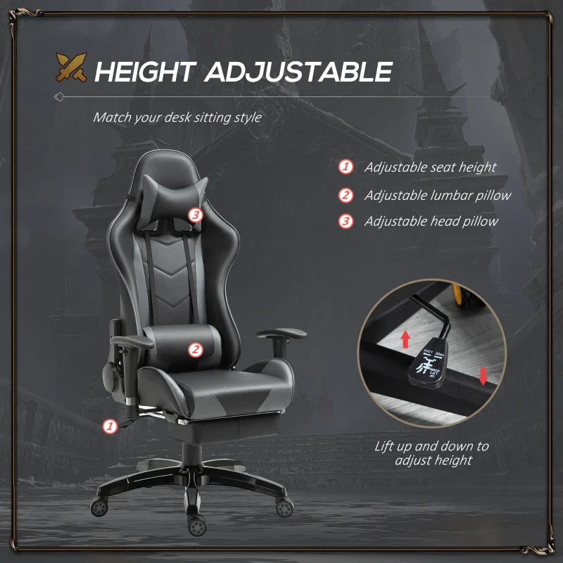 HOMCOM Gaming Chair, Computer Desk Chair with Footrest, PU Leather Ergonomic Office Chair with 180° Reclining Back, Lumbar Cushion, Headrest & Height Adjustable Armrest, Black and Red, Grey