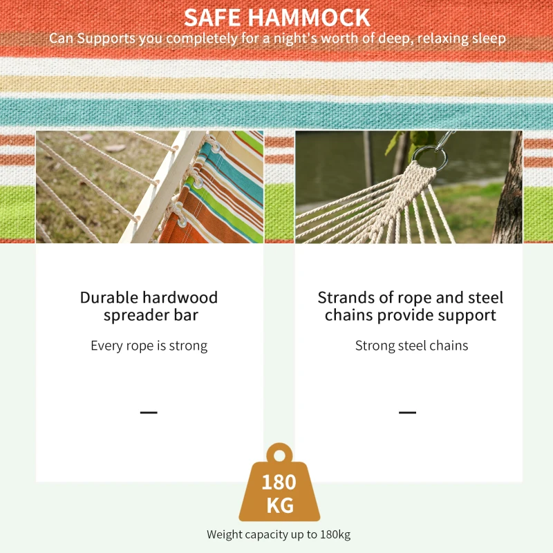 Outsunny Double Cotton Hammock Camping Swing Outdoor Garden Beach Stripe Hanging Bed with Pillow, 188 x 140 cm, 180 KG Capacity, Red