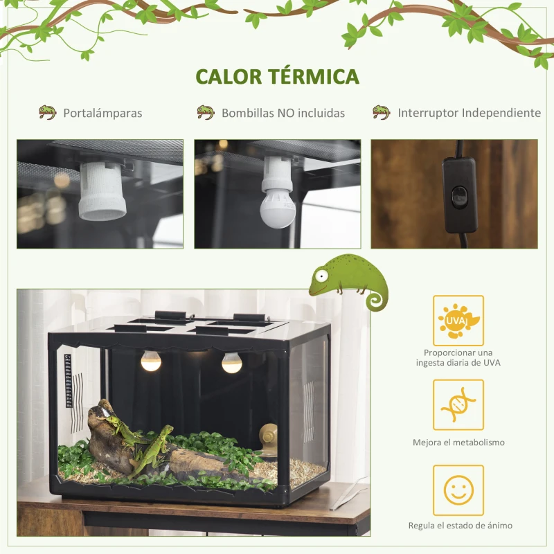 PawHut Terrario para Reptiles Caja de Alimentación de Insectos de Acrílico con Comedero Termómetro 2 Portalámparas E27 e Interruptor para Lagarto Camaleón 60x40x40,5 cm Negro