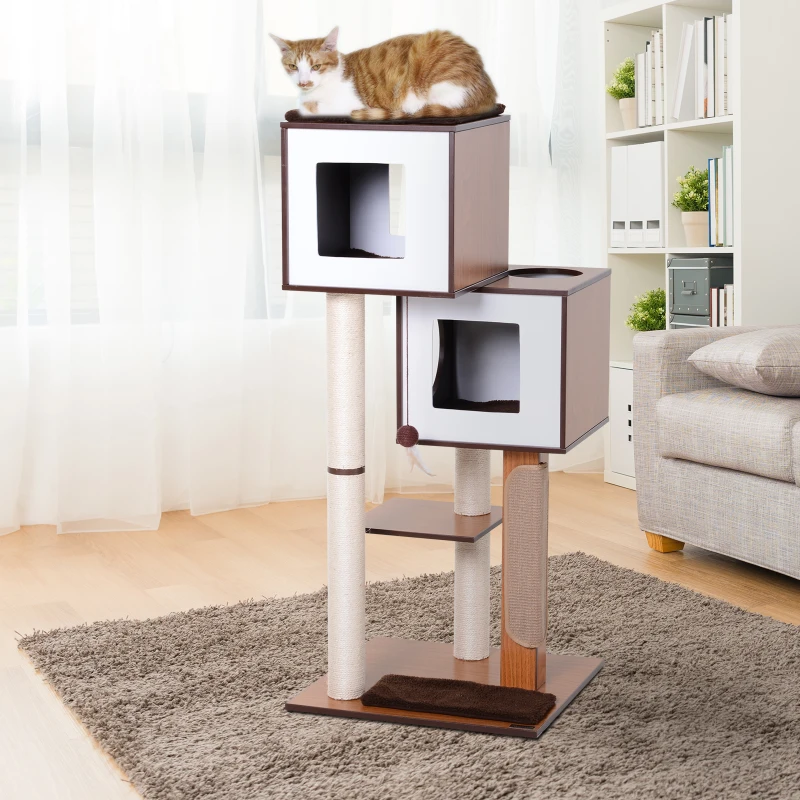PawHut Arbre à chats design contemporain griffoirs grattoirs sisal naturel niches plateformes jeu boule suspendue 55L x 55l x 125H cm MDF hêtre brun